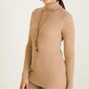 Chicos Metallic Sparkly Roll Neck L/S Ribbed Sweater Tan Gold SMALL